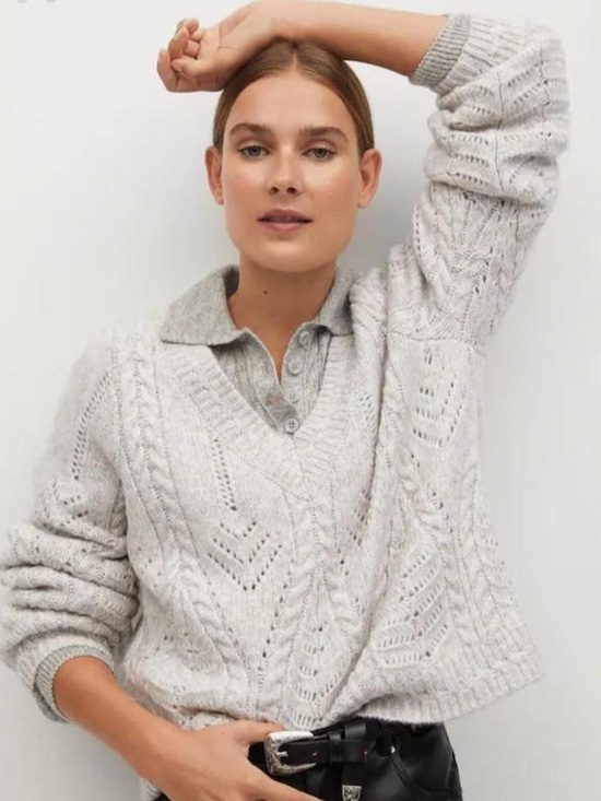 Mango Sweaters - Mango Light Gray Openwork Cable V-Neck Sweater